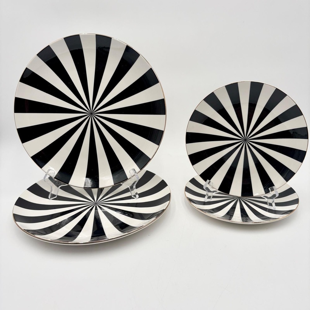 Siriano Black & White Striped Dinner Plates Set Op Art Style Serving Decor
